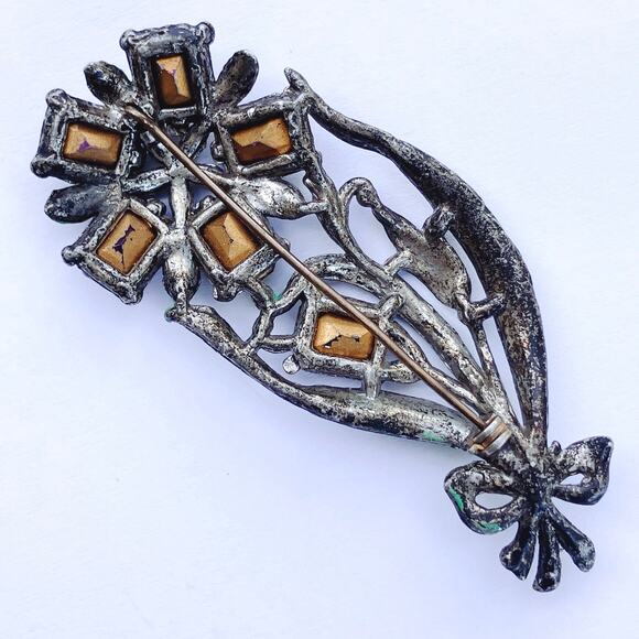 Vintage 1930s Floral Bouquet Brooch Purple Glass Enamel Pot Metal Jewelry Pin - Picture 8 of 15